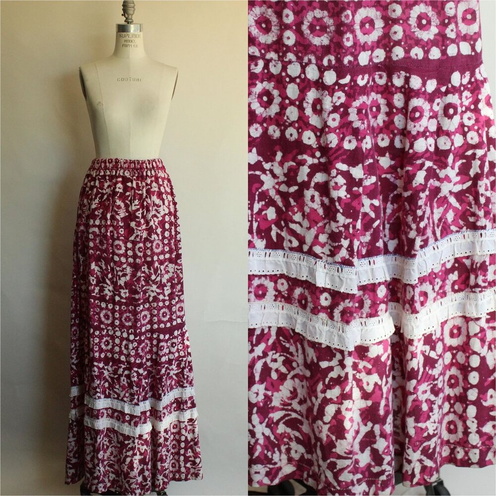 Vintage 1960s 1970s Maxi Skirt, Volup Pink & Purple Ethnic Floral Print with Lac